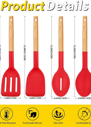 Pack of 4 Silicone Cooking Utensils Set, Non Stick Solid Spatulas and Heat Resistant Slotted Spoons with Wooden Handle, Ideal Wood Kitchen Utensils Set for Frying,Serving,Turning,Stirring (RED)