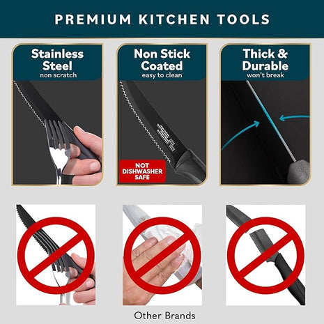 Home Hero High-Carbon Stainless Steel Steak Knife Set - Sharp Serrated Knives & Nonstick Coating - Ergonomic TPR-Coated Handles - Rust-Resistant Blades & Hand Wash - 8-Piece Set, Black