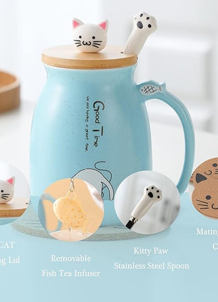 BigNoseDeer Cute Mugs Kawaii Cat Mug Ceramic Coffee Mug Tea Cup with Infuser and Lid Spoon Tea Mug Cute Cool Preppy Stuff Gifts for Women (Blue 13oz)