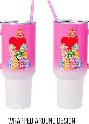 Silver Buffalo Care Bears Watercolor Heart Ombre Stainless Steel Tumbler with Handle and Straw, Fits in Standard Cup Holder, 40 Ounces