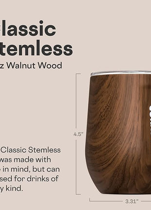 Corkcicle Stemless Insulated Wine Glass Tumbler - Keeps Beverages Cold 6 Hrs Hot 3 Hrs - Stainless Steel - Easy-Grip - Summer Drinkware Gift - Keeps Drinks Ice Cold - 12 oz - Walnut Wood