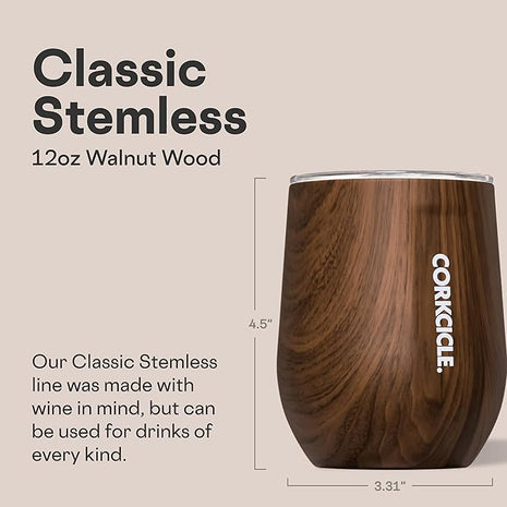 Corkcicle Stemless Insulated Wine Glass Tumbler - Keeps Beverages Cold 6 Hrs Hot 3 Hrs - Stainless Steel - Easy-Grip - Summer Drinkware Gift - Keeps Drinks Ice Cold - 12 oz - Walnut Wood