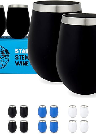 Stainless Steel Unbreakable Wine Tumblers: Stemless Camping Wine Glasses, NO LIDS, Cool Outdoor 18 oz Metal Wine Glass Set of 4 - Portable for Pool, Picnic - Drinking Cups for Outdoors