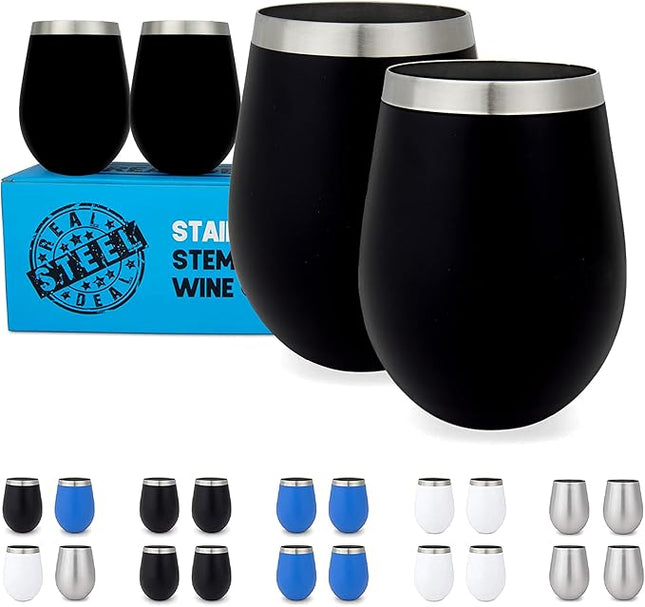 Stainless Steel Unbreakable Wine Tumblers: Stemless Camping Wine Glasses, NO LIDS, Cool Outdoor 18 oz Metal Wine Glass Set of 4 - Portable for Pool, Picnic - Drinking Cups for Outdoors