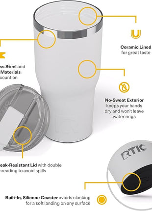 RTIC 30oz Essential Tumbler with Lid, Ceramic Lined, Insulated, Stainless Steel, Metal, Double Wall Vacuum-Insulation, Travel Cup for Iced Coffee, Tea, Hot and Cold Drink, White