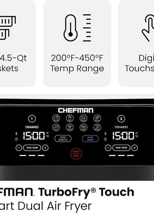 Chefman TurboFry Touch Dual Air Fryer, Maximize The Healthiest Meals With Double Basket Capacity, One-Touch Digital Controls And Shake Reminder For The Perfect Crispy And Low-Calorie Finish