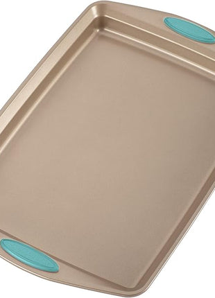 Rachael Ray 47578 Cucina Nonstick Bakeware Set with Grips Includes Nonstick Bread Pan, Baking Sheet, Cookie Sheet, Baking Pans, Cake Pan and Muffin Pan - 10 Piece, Latte Brown with Agave Blue Grips