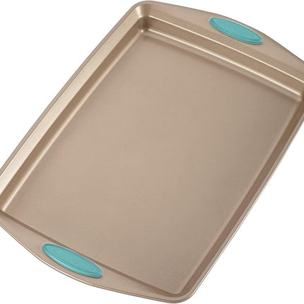 Rachael Ray 47578 Cucina Nonstick Bakeware Set with Grips Includes Nonstick Bread Pan, Baking Sheet, Cookie Sheet, Baking Pans, Cake Pan and Muffin Pan - 10 Piece, Latte Brown with Agave Blue Grips