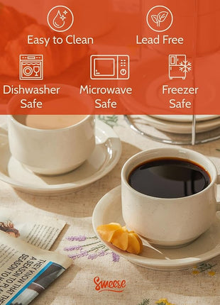 Sweese Porcelain Cappuccino Cups Set - 8 oz Stackable Coffee Mugs with Saucers, Metal Stand, Dove Grey, Set of 4