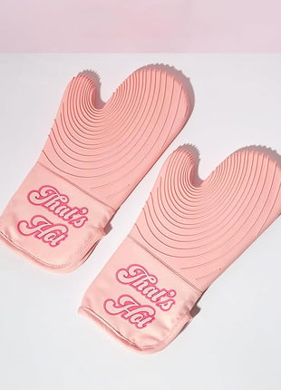 Paris Hilton Oven Mitt Set with Iconic That's HOT Design, Heat Resistant Pot Holders Featuring Non-Slip Textured Silicone Grips, 2-Piece Set, Pink