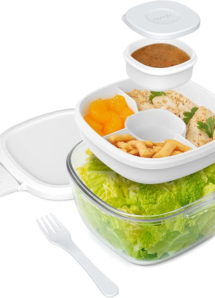 Bentgo Glass All-in-One Salad Container - Large 61-oz Salad Bowl with Lid, 4-Compartment Bento-Style Tray, 3-oz Sauce Container, and Reusable Fork - Dishwasher, Microwave, and Oven Safe (White)
