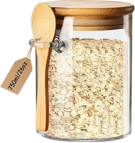 Spice Jars, Overnight Oats Containers with Airtight Lid and Spoon, Decorative Kitchen Canisters Set, Glass Storage Containers for Coffee, Tea, Sugar, Spice, Bath Salt, 1pcs (750ml)