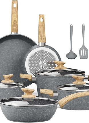 Kitchen Academy Induction Cookware Sets - 12 Piece Gray Cooking Pan Set, Granite Nonstick Pots and Pans Set
