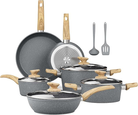 Kitchen Academy Induction Cookware Sets - 12 Piece Gray Cooking Pan Set, Granite Nonstick Pots and Pans Set