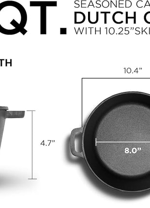 COMMERCIAL CHEF 5 Quart Cast Iron Dutch Oven with Dome Lid & Handles, Preseasoned