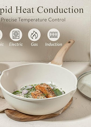 CAROTE 10Inch Nonstick Deep Frying Pan with Lid, 4.5Qt Jumbo Cooker Saute Pan with Pour Spout, Skillet Induction Cookware, Non Stick Cooking Pan Kitchen Pan PFOA Free, White Granite