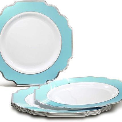 " OCCASIONS " 120 Plates Pack,(60 Guests) Heavyweight Premium Wedding Party Disposable Plastic Plates -60 x10.5'' Dinner + 60 x 8'' Salad/Dessert (Imperial Aqua & Silver)