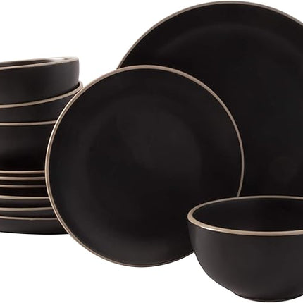 Gibson Home Rockaway 12-Piece Stoneware Dinnerware Set, Service for 4 – Modern Round Plates and Bowls, Dishwasher & Microwave Safe, Black