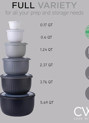 COOK WITH COLOR Prep Bowls with Lids- Wide and Deep Nesting Plastic Small Mixing Bowl Set with Lids, 12 Piece Set - Deep Bowls, Black/White