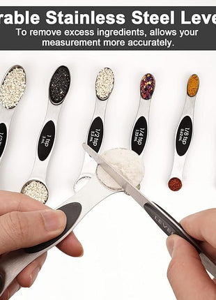 Aovchei 8 PCS Magnetic Measuring Spoons Set, Dual Sided, Stainless Steel Small Tablespoon, Teaspoons, Fits in Spice Jars, for Dry and Liquid, Black