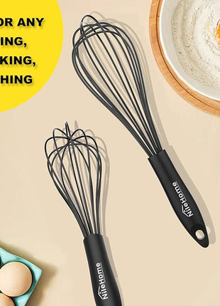 NileHome Silicone Whisk Set 10" 12" Kitchen Whisk Kitchen Wisk Wire Whisks for Cooking, Whisking, Blending, Beating, Stirring-Black