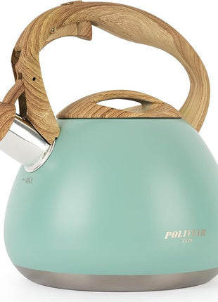 POLIVIAR Tea Kettle, 2.7 Quart Blue Finish with Wood Pattern Handle Loud Whistle Food Grade Stainless Steel Teapot, Anti-Hot Handle and Anti-Rust, Suitable for All Heat Sources JX2025-TB30