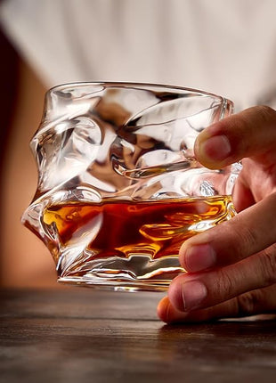 GLASKEY 12 oz Hand Blown Crystal Whiskey Glasses Set of 4, Unique Cognac Glass, Heavy Thick Bottom Bar Glass for Scotch Bourbon Rum Gin Water Cocktail,Gifts Men Gifts Ideas