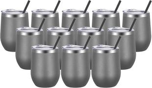 VEGOND Wine Tumblers Bulk 12 Pack, 12oz Stainless Steel Stemless Wine Glass with Lids and Straws, Double Wall Vacuum Insulated Tumbler Cup, Coffee Mug for Cold Hot Drinks