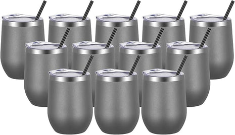 VEGOND Wine Tumblers Bulk 12 Pack, 12oz Stainless Steel Stemless Wine Glass with Lids and Straws, Double Wall Vacuum Insulated Tumbler Cup, Coffee Mug for Cold Hot Drinks