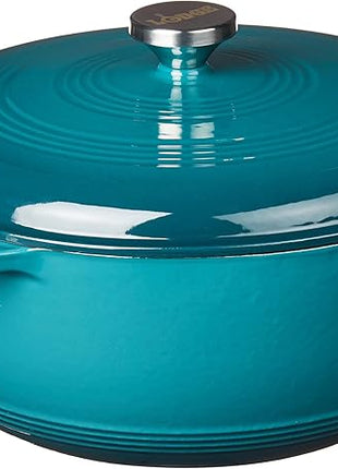Lodge 7.5 Quart Enameled Cast Iron Dutch Oven with Lid – Dual Handles – Oven Safe up to 500° F or on Stovetop - Use to Marinate, Cook, Bake, Refrigerate and Serve – Lagoon