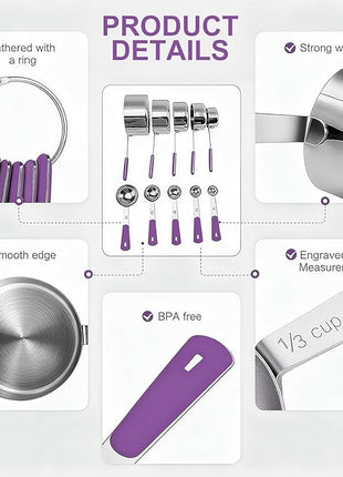 Measuring Cups and Spoons Set Stainless Steel 10 Piece for Cooking and Baking (5 Cups + 5 Spoons, Purple Handle)