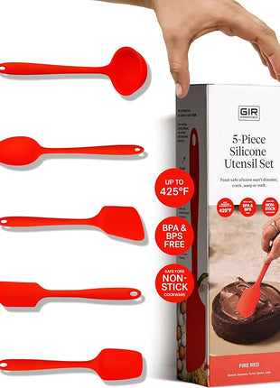 GIR: Get It Right 5-Piece Silicone Essentials Kitchen Utensils Set - Ladle, Spatula, Flip, Spoon & Spoonula - Non-Toxic Cooking Utensils for Nonstick Cookware, Cooking and Baking - Fire Red