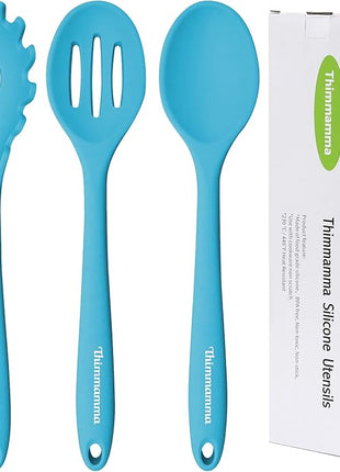 Silicone Cooking Spoons, Heat Resistant Large Silicone Pasta Slotted Spoon Solid Basting Spoon set for Nonstick Cookware, BPA Free Black Kitchen Silicone Spoons set for Mixing, Serving, Draining Blue