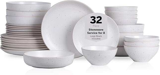 Stone Lain Lauren Modern Stoneware 32-piece Round Dinnerware Set, Plates and Bowls Set, Dish set for 8, Off White
