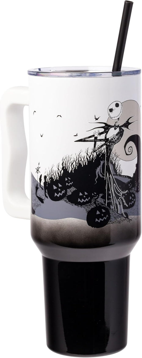 Silver Buffalo Disney Nightmare Before Christmas by Tim Burton Jack Skellington Hill and Moon Stainless Steel Tumbler with Handle and Straw, Fits in Standard Cup Holder, 40 Ounces (Pack of 12)