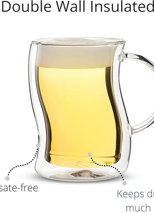 BTaT Double Walled Glass Beer Mugs, 4 Pack, 16 oz(500 ml), Freezer Safe, Stein Style