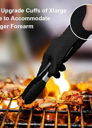 GEEKHOM BBQ Gloves X-Large, Heat Resistant Kitchen Silicone Oven Mitts, Waterproof Oven Gloves, BBQ Grill Accessories for Baking, Fryer, Smoker, Weber, Pizza, Microwave, Non-Slip, Black