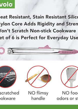 Tovolo Silicone Cooking Utensil Set of 6 Pink Sorbet Ladle Slotted Turner Tongs Flex Core Spatula Scraper Mixing Spoon and Potato Masher, Dishwasher Safe BPA Free Silicone Kitchen Utensils