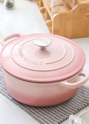 Enameled Cast Iron Covered 5.5 Quart Dutch Oven with Dual Handle, Dutch Ovens with Lid for Bread Baking, Pink