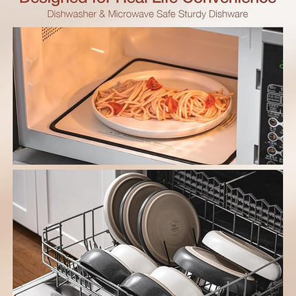 Famiware Milkyway Plates and Bowls Sets, 12 Pieces Dinnerware Sets, Reactive Glaze Dish Set, Stoneware Dishes Set for 4, Matte Beige White & Matte Dark Charcoal