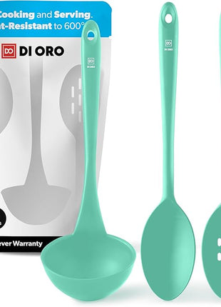 DI ORO Silicone Ladle & Spoons for Cooking – Large Kitchen Spoons for Mixing, Serving, & Stirring - Soup Ladle with Wide Bowl - High Heat Silicone Kitchen Utensils for Nonstick Cookware Safe (Mint)