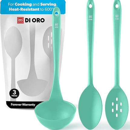 DI ORO Silicone Ladle & Spoons for Cooking – Large Kitchen Spoons for Mixing, Serving, & Stirring - Soup Ladle with Wide Bowl - High Heat Silicone Kitchen Utensils for Nonstick Cookware Safe (Mint)