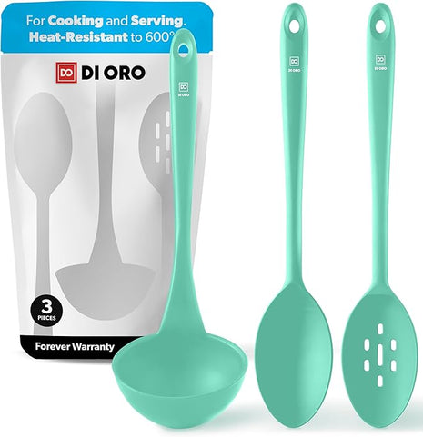DI ORO Silicone Ladle & Spoons for Cooking – Large Kitchen Spoons for Mixing, Serving, & Stirring - Soup Ladle with Wide Bowl - High Heat Silicone Kitchen Utensils for Nonstick Cookware Safe (Mint)