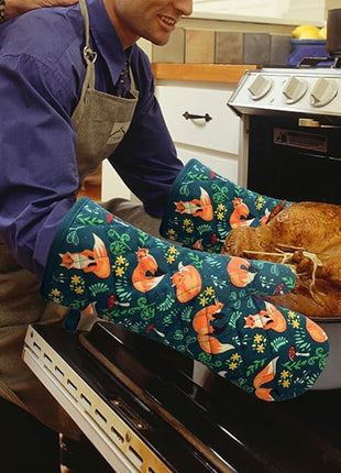 Oven Mitts Cotton Fashion Cute Fox Design 1 pair Heat Resistant Oven Gloves Safe Cooking Baking Grilling Barbecue Machine Washable (fox, oven mitts)