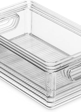 Munfix Set Of 16 Refrigerator Organizer Bins - Plastic Pantry Organization and Storage Baskets - Stackable Food Fridge Organizers with Cutout Handles for Freezer, Kitchen, Countertops, Cabinets