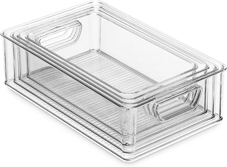 Munfix Set Of 16 Refrigerator Organizer Bins - Plastic Pantry Organization and Storage Baskets - Stackable Food Fridge Organizers with Cutout Handles for Freezer, Kitchen, Countertops, Cabinets
