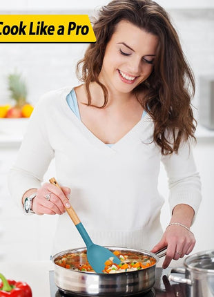 Pack of 4 Silicone Cooking Utensils Set, Non Stick Solid Spatulas and Heat Resistant Slotted Spoons with Wooden Handle, Ideal Wood Kitchen Utensils Set for Frying,Serving,Turning,Stirring (BLUE)