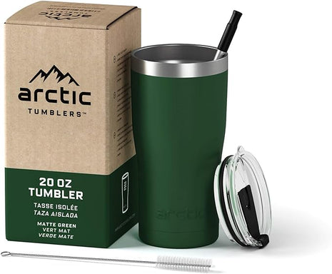Arctic Tumblers | 20 oz Green Insulated Tumbler with Straw & Cleaner - Retains Temperature up to 24hrs - Non-Spill Splash Proof Lid, Double Wall Vacuum Technology, BPA Free & Built to Last