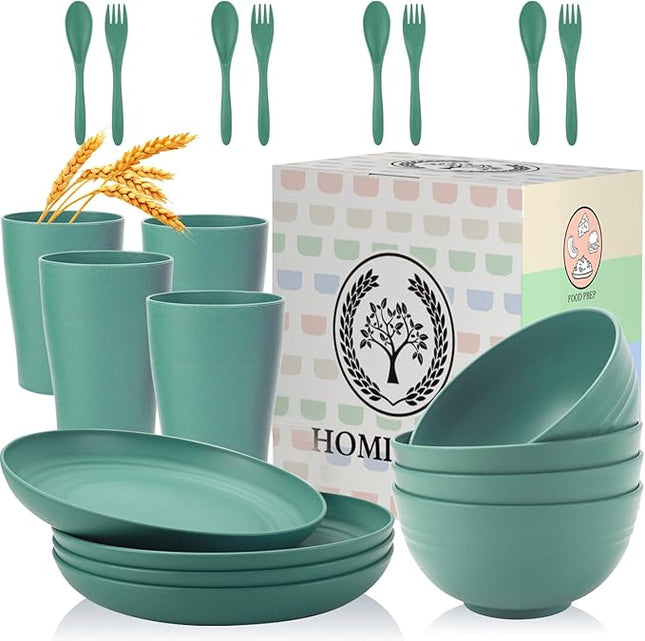 Wheat Straw Dinnerware Sets, Homienly 20pcs Unbreakable Microwave Dishwasher Safe Tableware Lightweight Bowls, Cups, Plates Set Reusable Dinner Plates Bowls set (Green)