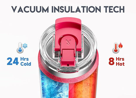 Meoky 24oz Travel Mug, Triple Insulated Stainless Steel Tumbler with Handle and 2-in-1 Straw and Sip Lid, 100% Leak Proof, Keeps Cold for 24 Hours or Hot for 8 Hours, Cupholder Friendly (Ruby)